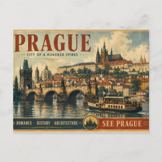 Prague Plakat - Stadt der hundert Türme - Vintage Feiertagspostkarte