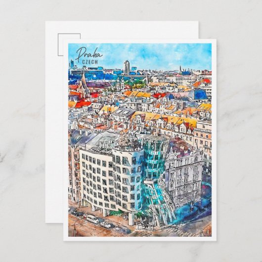 Praha Tschechisches Vintage Wasserfarbe Postkarte (Vorne/Hinten)