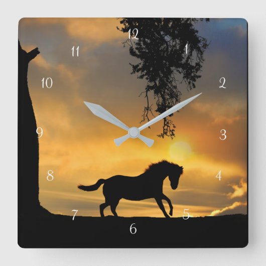 Prancing Horse with Sunset and Oak Tree Nature Quadratische Wanduhr (Vorderseite)