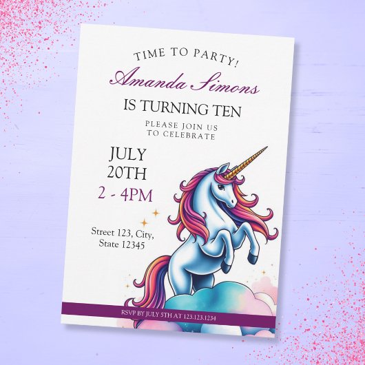 Prancing Unicorn Sparkle Girl 10th Birthday Einladung