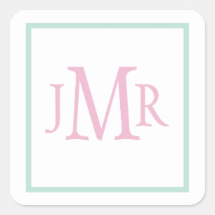 Präppy Minze grün & rosa Monogramm Quadratischer Aufkleber