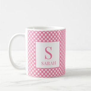 Präppy Rosa Gingham Karo Monogramm Name Kaffeetasse