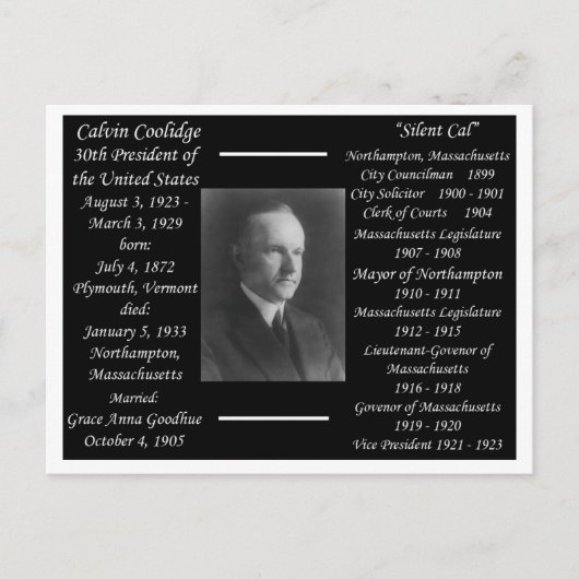 Präsident Calvin Coolidge Postkarte (Vorderseite)