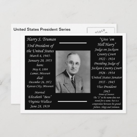 Präsident Harry Truman Postkarte (Vorne/Hinten)