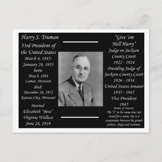 Präsident Harry Truman Postkarte (Vorderseite)