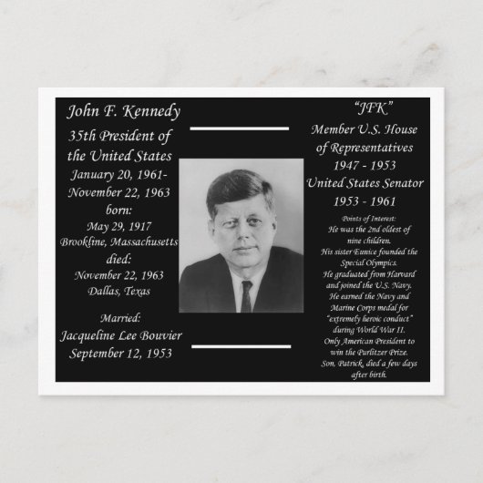 Präsident John F Kennedy Postkarte (Vorderseite)