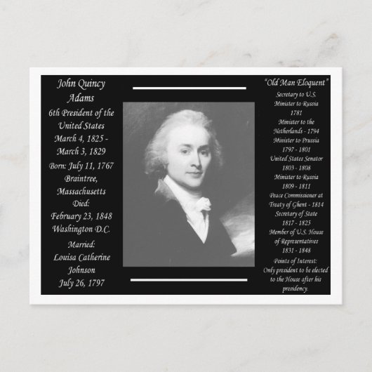 Präsident John Quincy Adams Postkarte (Vorderseite)