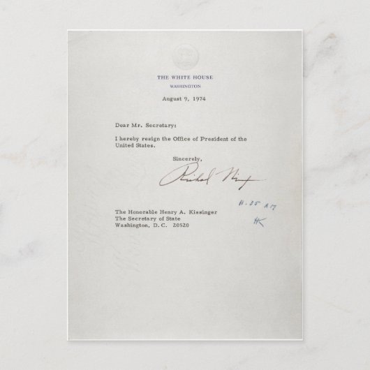 Präsident Richard M. Nixon Resignationsschreiben Postkarte (Vorderseite)