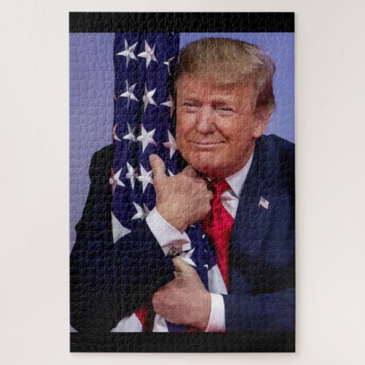 Präsident Trump umarmt die amerikanische Flagge Puzzle (Vertikal)