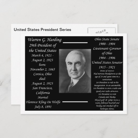 Präsident Warren G Harding Postkarte (Vorne/Hinten)