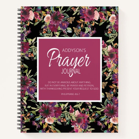 Prayer Journal Burgundy Pink Floral Black Notizblock (Vorderseite)