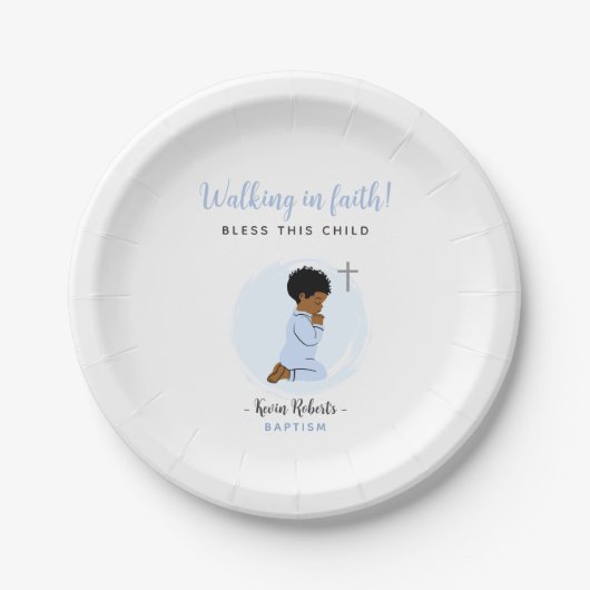 Praying Baby Boy Blue Baptism Party Paper Plates Pappteller (Vorderseite)
