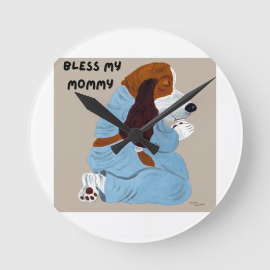 Praying Basset Hound Bless my Mommy Runde Wanduhr (Vorderseite)