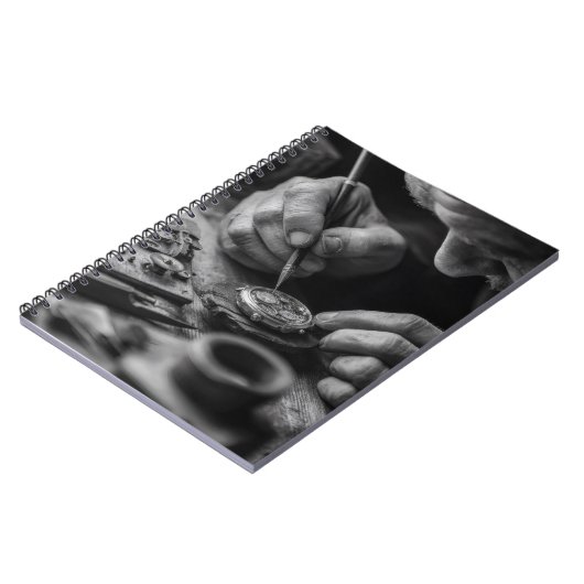 Präzise Hände Schwarz-weißer Watchmaker-Notebook Notizblock (Linke Seite)