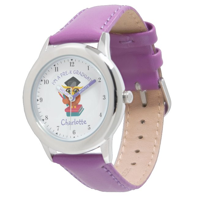 Pre K Graduate Kindergarten Girls Owl Grad Custom Armbanduhr (Schrägansicht)