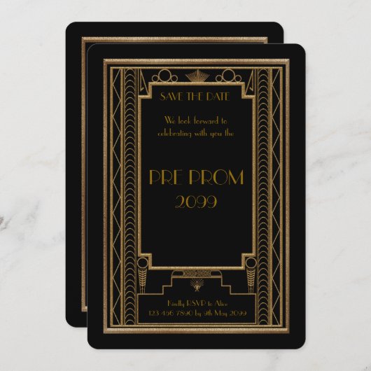 Pre PromJunior, Great Gatsby, Gold, schwarz Save The Date (Vorne/Hinten)
