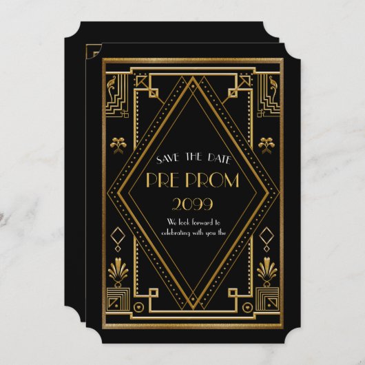 Pre-PromJunior, Great Gatsby, Gold, schwarz Save The Date (Vorne/Hinten)
