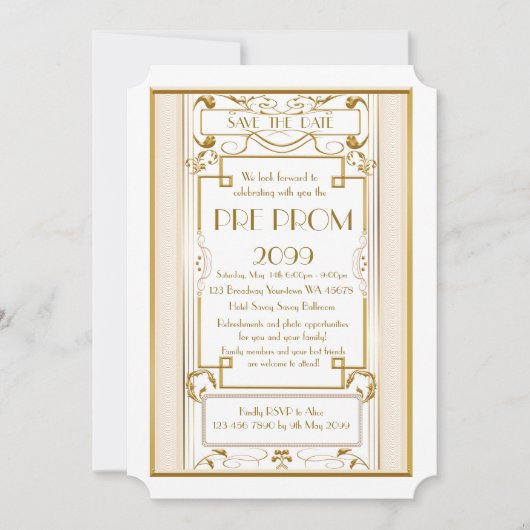 Pre-PromJunior, Great Gatsby, Gold, weiß Save The Date (Vorderseite)