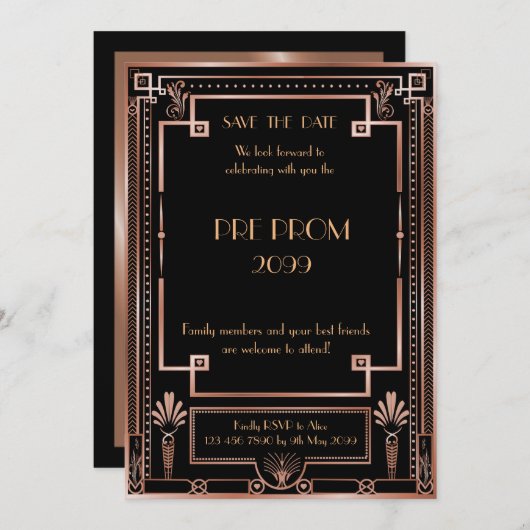 Pre-PromJunior, Great Gatsby, Pink Gold, schwarz Save The Date (Vorne/Hinten)