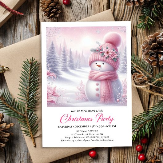 Precious Pink Snowman Editable Kids Christmas Einladung