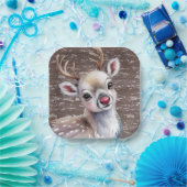 Precious White Reindeer Red Shiny Nose Birthday Pappteller (Party)