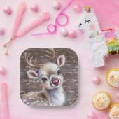 Precious White Reindeer Red Shiny Nose Birthday Pappteller (Party)