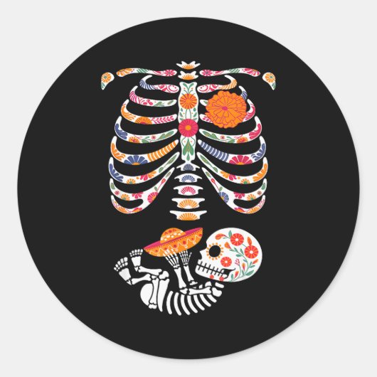 Pregnancy Skeleton Belly Day Of The Dead Dia De Lo Runder Aufkleber (Vorderseite)