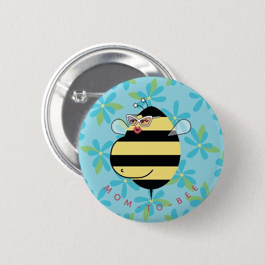 Pregnant Mom-to-Bee with Glasses Teal Blue Floral Button (Vorne & Hinten)