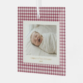 Preiselbeer-Rot Gingham Individueller erster Weihn Ornament Aus Glas (Vorderseite links)