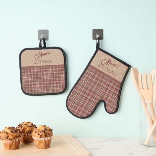 Preiselbeerrot, Weiß und Hellbraun  Ofenhandschuh & Topflappen-Set (Insitu (Hängend))