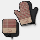 Preiselbeerrot, Weiß und Hellbraun  Ofenhandschuh & Topflappen-Set (Vorderseite/Rückseite)