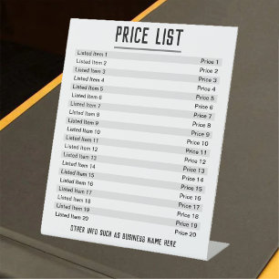 Preisliste. Bis zu 20 Artikel & Preise auf einem P Sockelschild