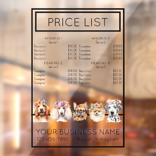 Preisliste der Blume für den Hundegrooming Fensteraufkleber (Blatt 2)