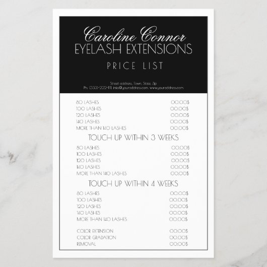 Preisliste der Eyelash-Erweiterungen Schwarz-Weiß- Flyer (Vorne)