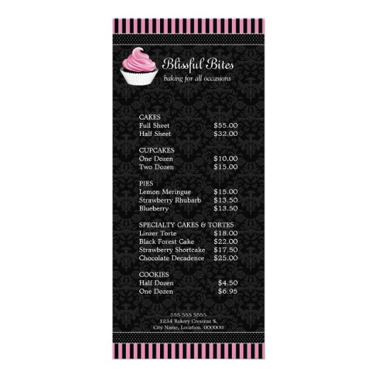 Preisliste des eleganten Cupcake Bakery Werbekarte (Vorne)