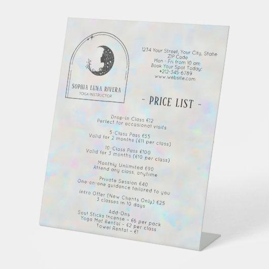 Preisliste des Holographischen Celestial Crescent  Sockelschild (Vorderseite)