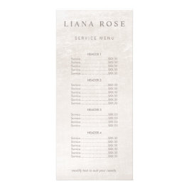 Preisliste des Salons aus weißem Marmor mit elegan Werbekarte