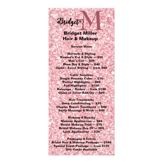 Preisliste des Schönheitssalons Blush Glitter Mono Werbekarte (Vorne)