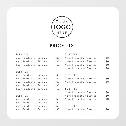 Preisliste | Firmenlogo Modern Minimalistisch Fensteraufkleber (Blatt)