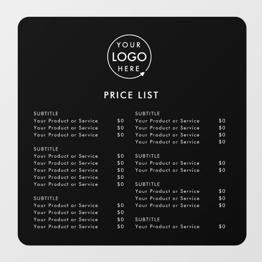 Preisliste | Firmenlogo Schwarz Moderne Minimalist Fensteraufkleber (Blatt)