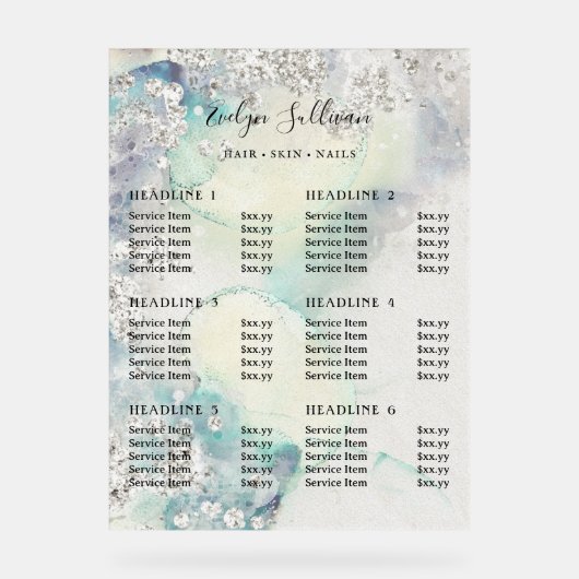 Preisliste für aquamarine Glitzer Acrylschild (Vorderseite)