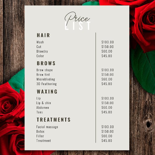 Preisliste für Beauty Salon Treatment Menu Service Menükarte