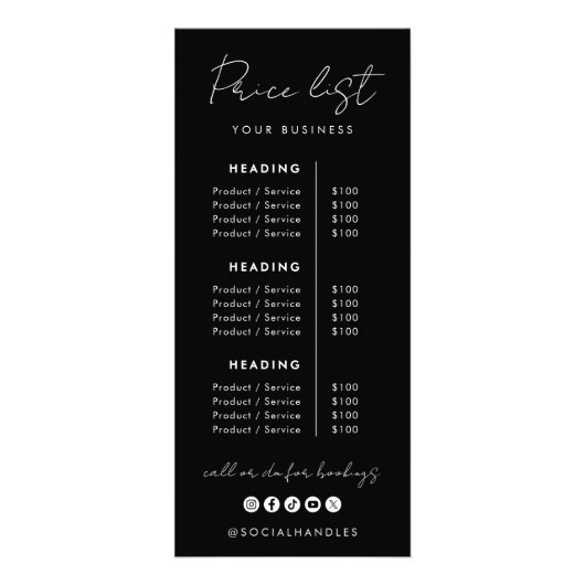 Preisliste für berufliche benutzerdefinierte Produ Werbekarte (Vorne)