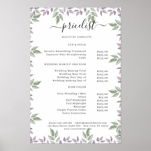 Preisliste für botanische Salons Poster (Vorne)