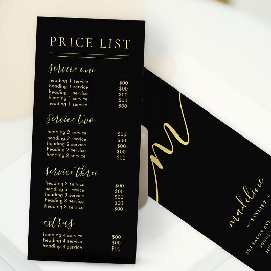 Preisliste für Chic Black Gold Script Werbekarte