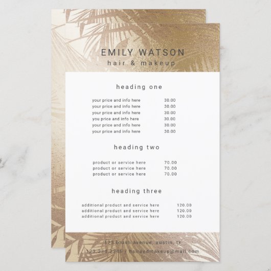 Preisliste für elegante Imitate für Goldsalon (Vorne/Hinten)