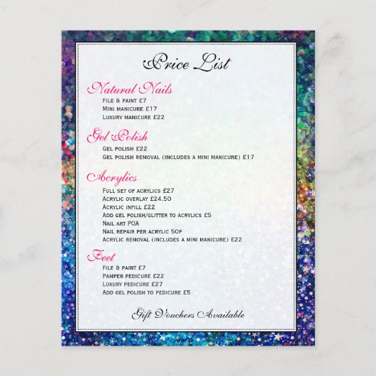 Preisliste für farbige Glitzer Flyer (Vorne)