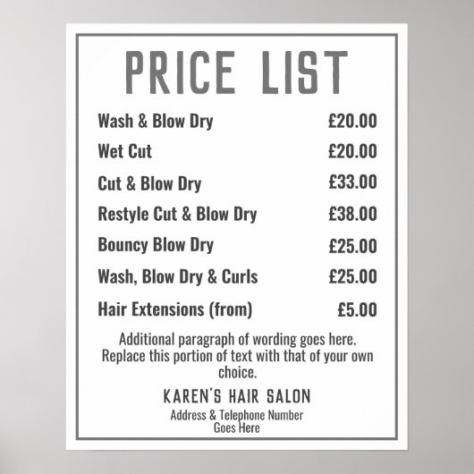 Preisliste für Friseursalon Poster (Vorne)