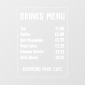 Preisliste für Getränke und Getränke Fensteraufkleber (Blatt)