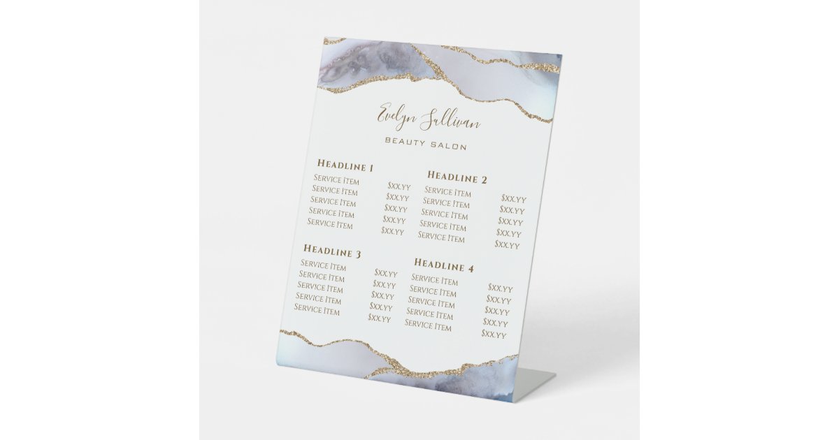 Preisliste für Grau Blue Agate Beauty Salon Sockelschild | Zazzle.de